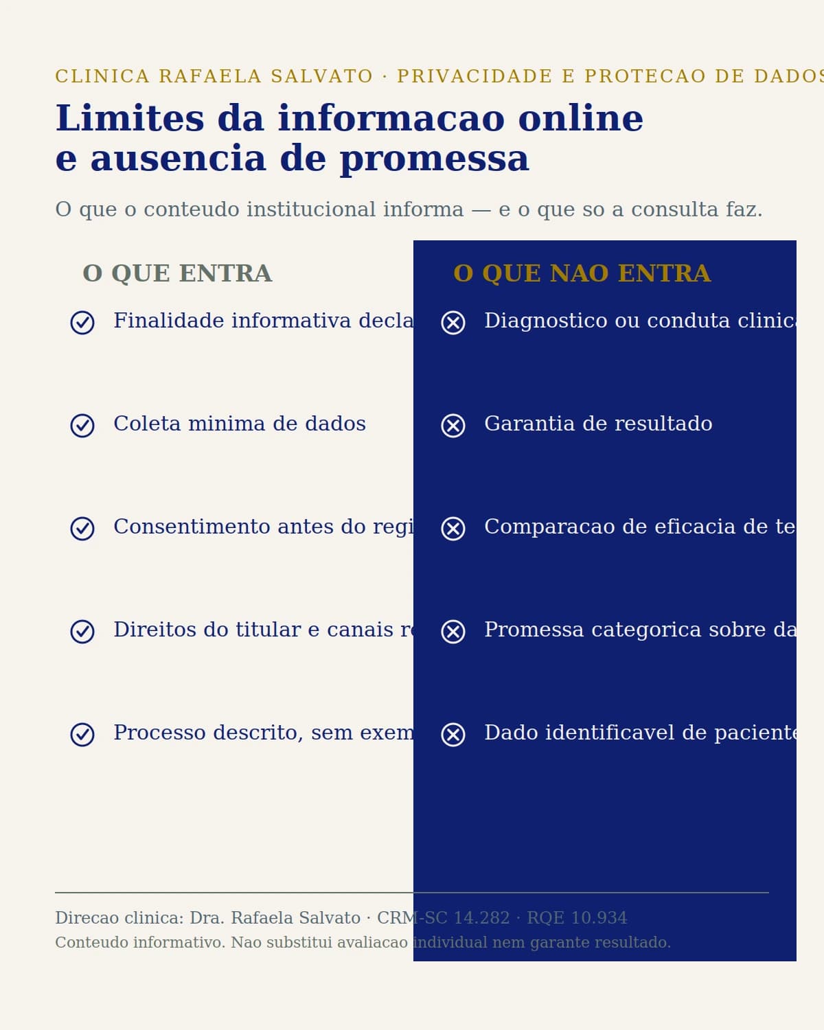 Infográfico — Limites da informação online e ausência de promessa.